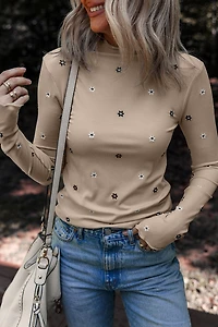 Threaded Pear Women's Genesis Embroidered Detail Ribbed Long Sleeve Top