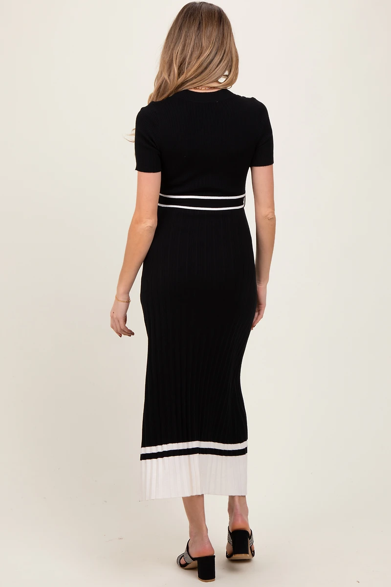 PinkBlush Womens Black Ribbed Knit Pleated Maternity Midi Dress