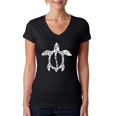 LA Pop Art Womens Word V-Neck T-Shirt - Honu Turtle Hawaiian Islands