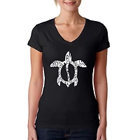 LA Pop Art Womens Word V-Neck T-Shirt - Honu Turtle Hawaiian Islands