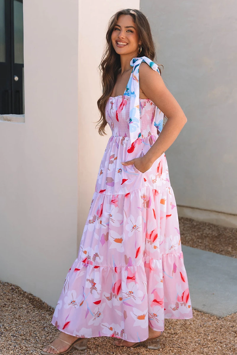 Threaded Pear Women's Flora Floral Knotted Shoulder Smocked Maxi Dress