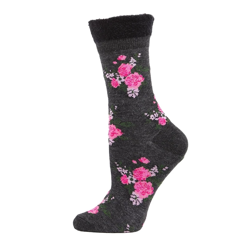 MeMoi Women's Rosie Chenille Cuff Embroidered Flower Crew Socks