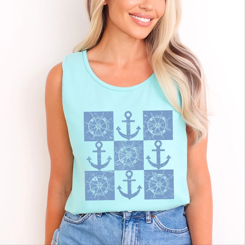 Simply Sage Market - Anchor Wheel Grid Women's Garment Dyed Graphic Tank Top