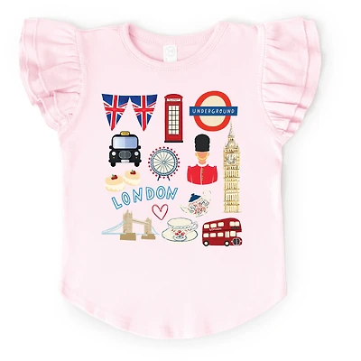 The Juniper Shop - Girl's Flutter Sleeve Graphic T-Shirt London Collage Watercolor