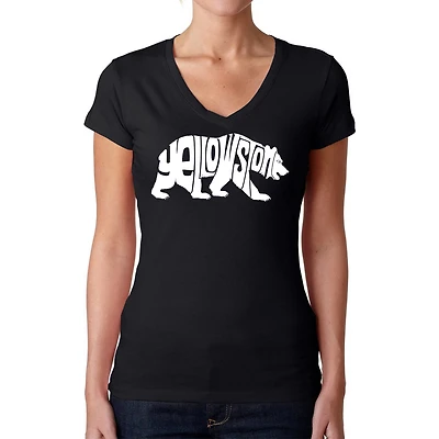 LA Pop Art Womens Word V-Neck T-Shirt - Yellowstone Bear