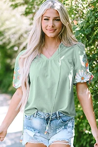 Threaded Pear Women's Reya Floral Embroidered Puff Sleeve Split Neck Blouse