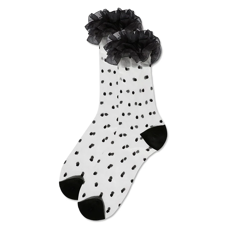 MeMoi Women's Polka Dot Ruffle Lace Cuff Sheer Crew Socks