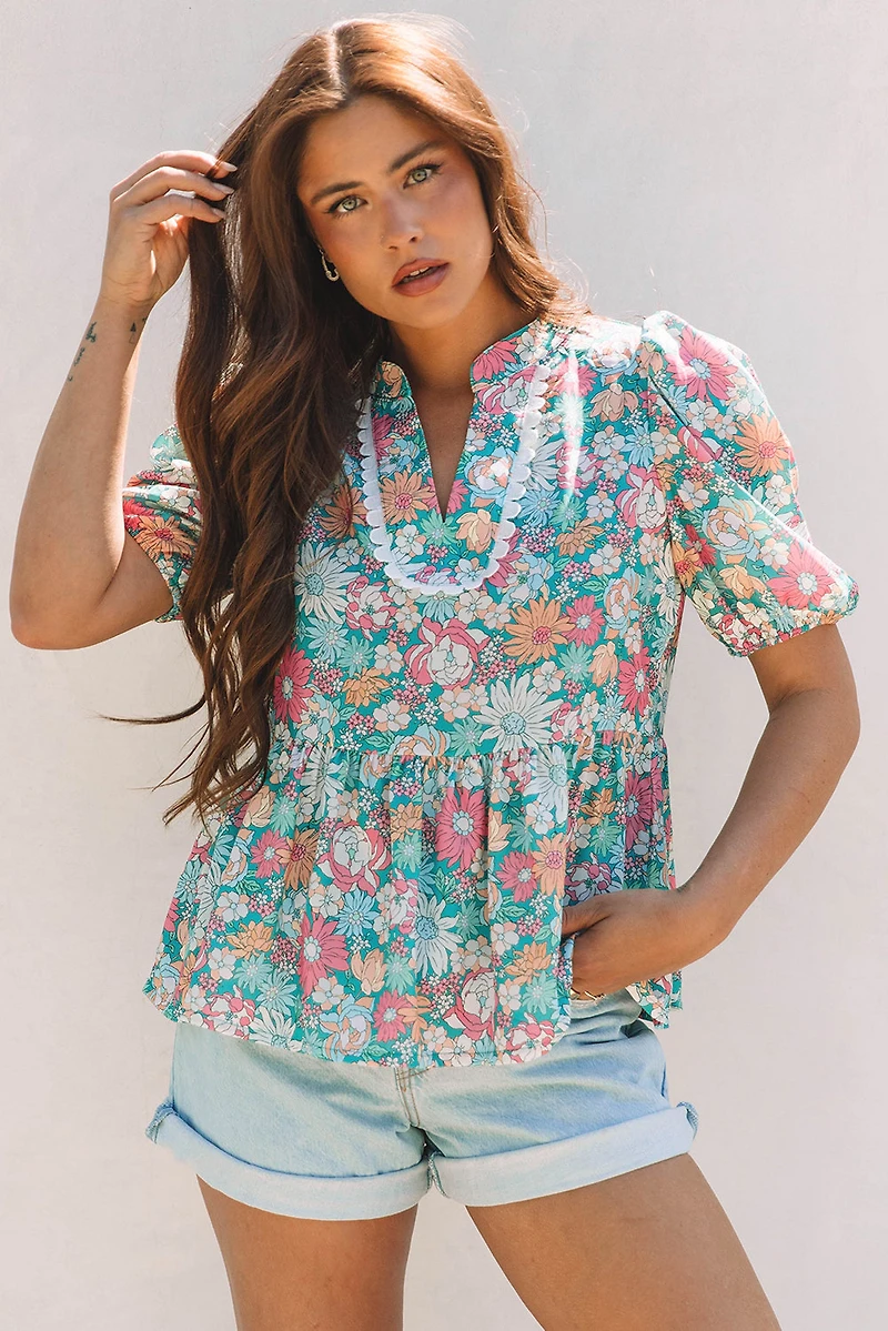 Threaded Pear Women's Amaris Notched Neck Puff Short Sleeve Floral Blouse