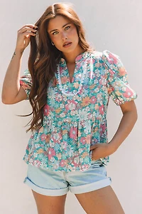 Threaded Pear Women's Amaris Notched Neck Puff Short Sleeve Floral Blouse