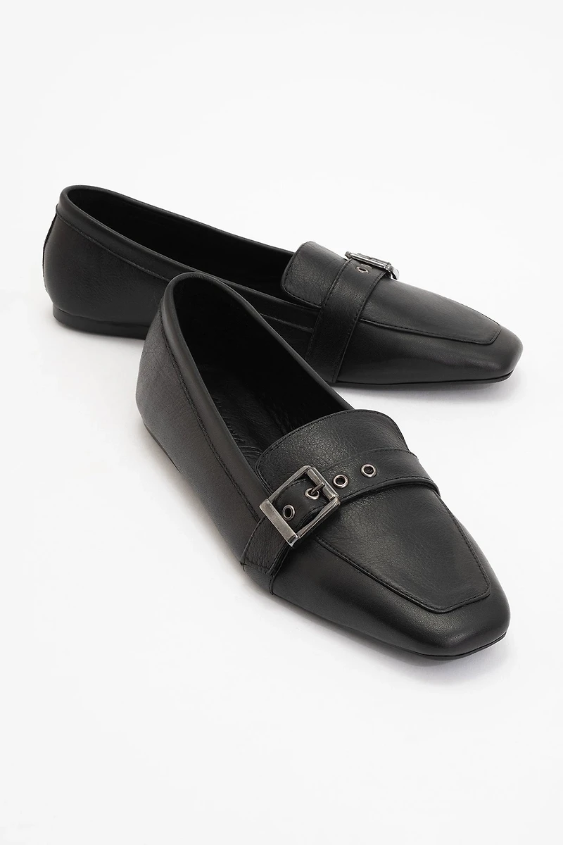 Forever & Always Womens Noir Leather Flat Loafers