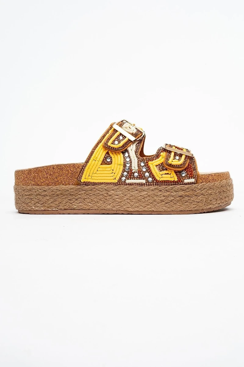 Prologue Shoes Womens Bobby Beaded Straw Platform Slide Sandal