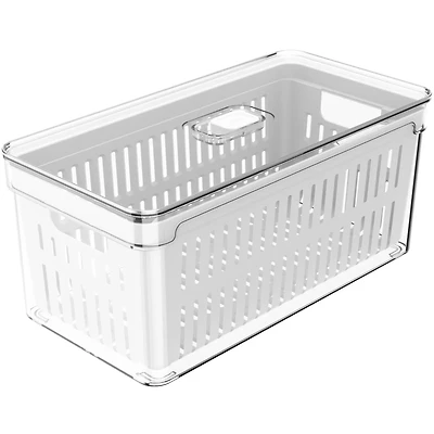 OU Fridge Organizer Bin with Drain Basket and Vented Lid, 5.3qt Clear Stackable Refrigerator Storage Container, BPA Free