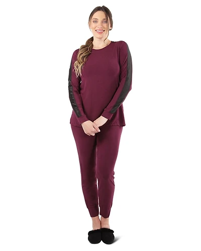 MeMoi Women's Satin Trim Long Sleeve Matching Pajama Set