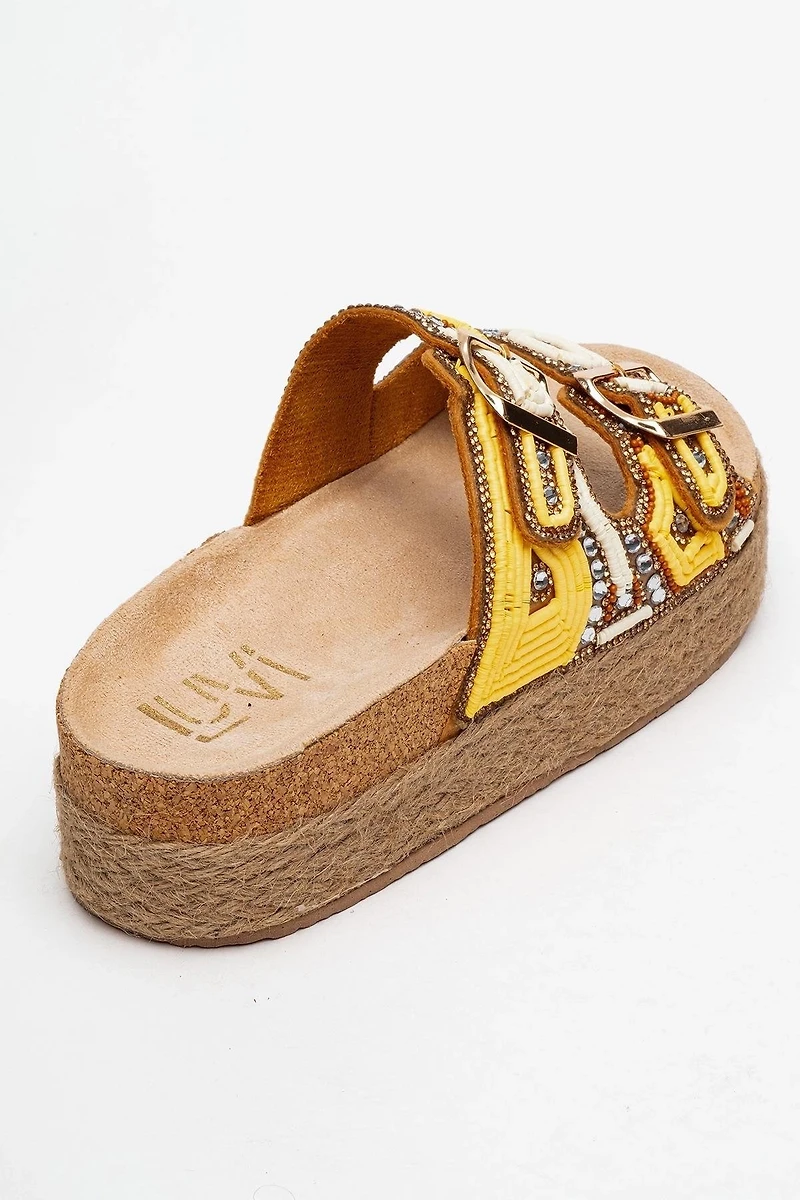 Prologue Shoes Womens Bobby Beaded Straw Platform Slide Sandal