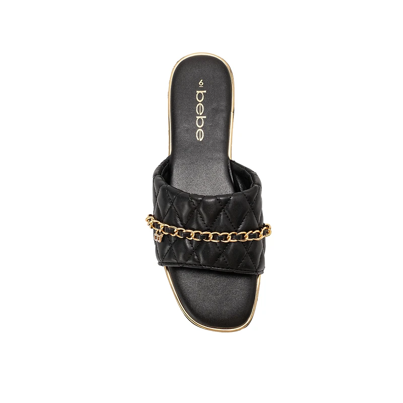 bebe Women's Quilted Slide Sandals with Chain Detail Slip On Flats
