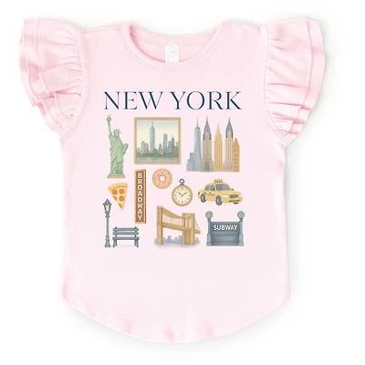 The Juniper Shop - Girl's Flutter Sleeve Graphic T-Shirt New York Watercolor Collage