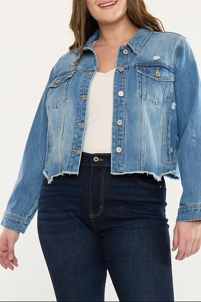 KanCan Women's Plus Distressed Denim Jacket Vianca