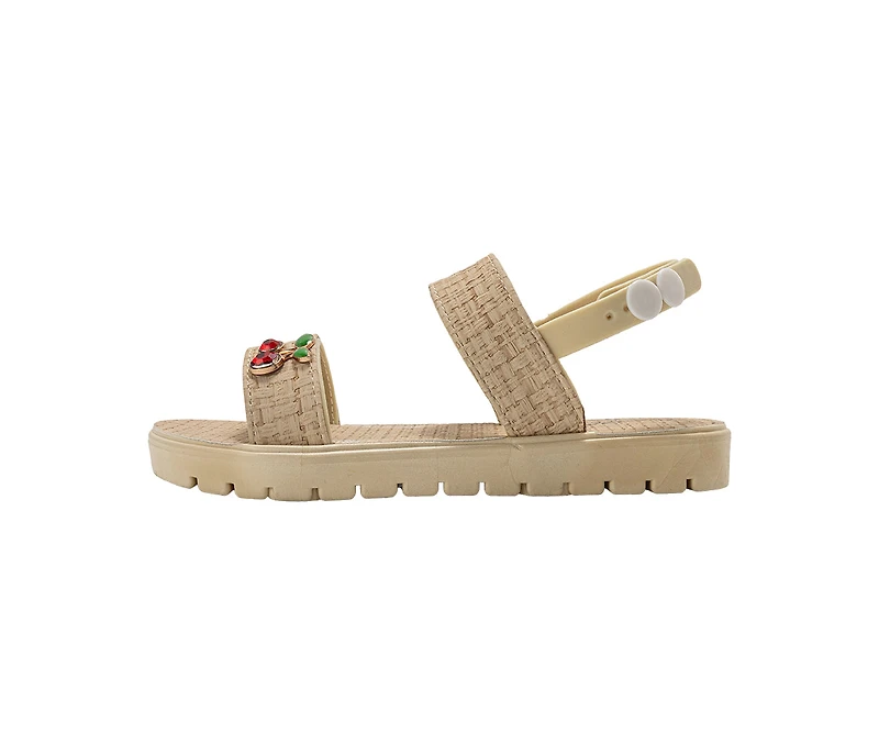 bebe Girl's Embossed Woven Sandals with Fruit Charm Accent