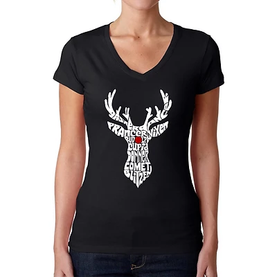 LA Pop Art Womens Word V-Neck T-Shirt - Santa's Reindeer