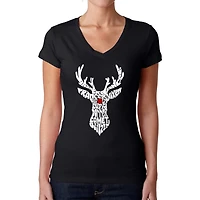 LA Pop Art Womens Word V-Neck T-Shirt - Santa's Reindeer