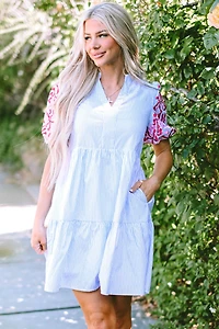Threaded Pear Women's Kori Stripe Contrast Floral Puff Sleeve Tiered Ruffle Dress