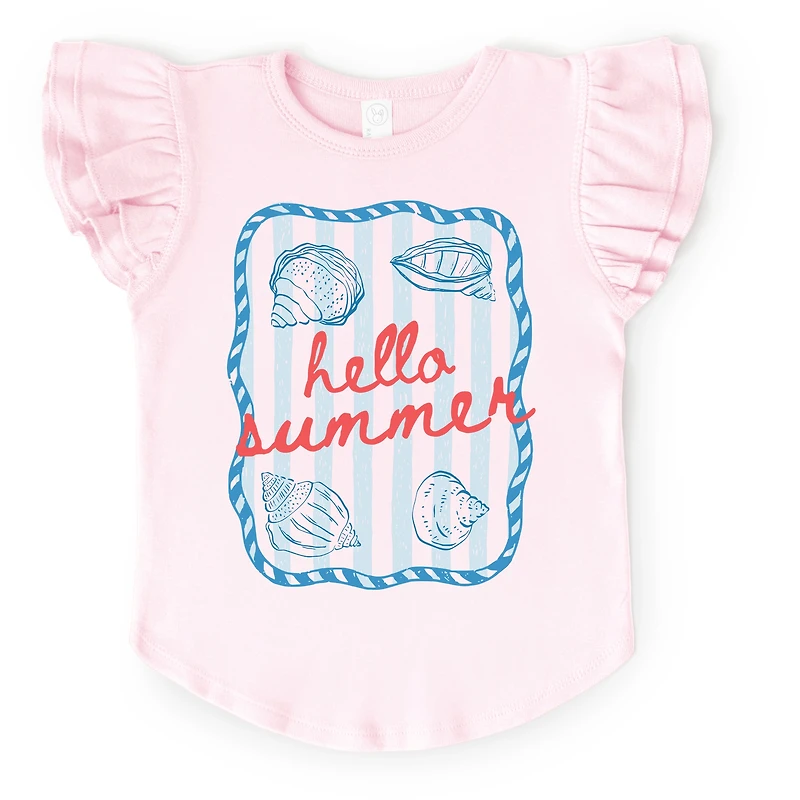 The Juniper Shop - Girl's Flutter Sleeve Graphic T-Shirt Hello Summer Sea Shells