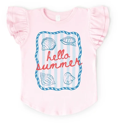 The Juniper Shop - Girl's Flutter Sleeve Graphic T-Shirt Hello Summer Sea Shells