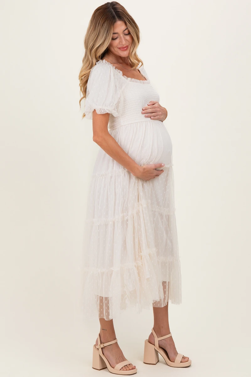 PinkBlush Womens CreamTulle Puff Sleeve Smocked Maternity Midi Dress