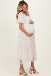 PinkBlush Womens CreamTulle Puff Sleeve Smocked Maternity Midi Dress