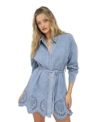 Belle & Bloom Womens Sunday Somewhere Denim Broderie Mini Shirt Dress