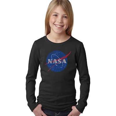 LA Pop Art Girls Long Sleeve Word T-Shirt - NASA's Most Notable Missions
