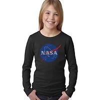 LA Pop Art Girls Long Sleeve Word T-Shirt - NASA's Most Notable Missions