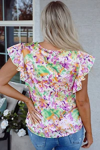 Threaded Pear Women's Savanna Ruffled Short Sleeve Notched Neck Blouse