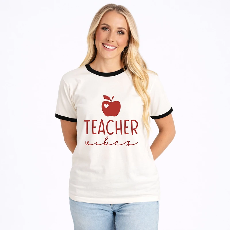 Simply Sage Market - Teacher Vibes Cursive Apple Women's Ringer Graphic T-Shirt
