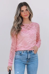 Threaded Pear Women's Amanda Floral Lace Sheer Long Sleeve Top