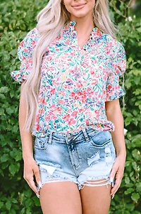 Threaded Pear Women's Azaria Floral Print Button Split Neck Puff Sleeve Blouse