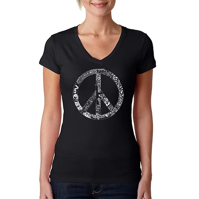 LA Pop Art Womens Word V-Neck T-Shirt - PEACE, LOVE, & MUSIC
