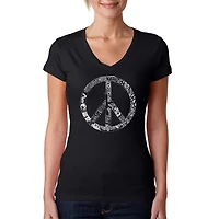LA Pop Art Womens Word V-Neck T-Shirt - PEACE, LOVE, & MUSIC