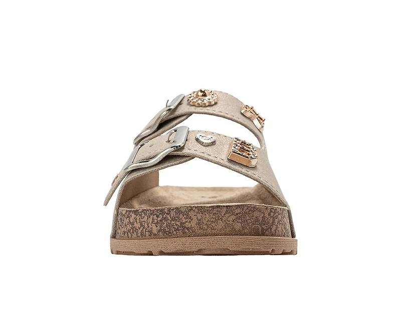 bebe Girl's Footbed Slide Sandals with Buckle Straps and Charm Accents