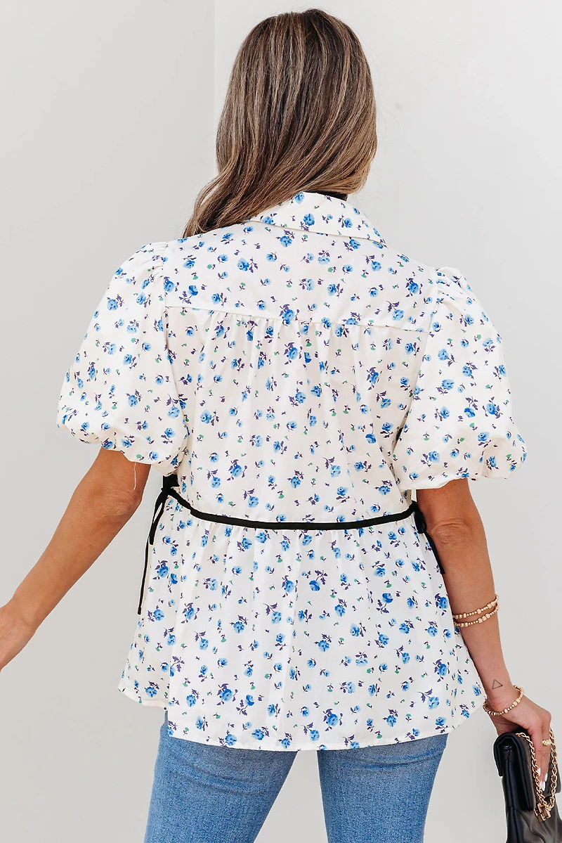 Threaded Pear Women's Lyanna Floral Puff Short Sleeve Top
