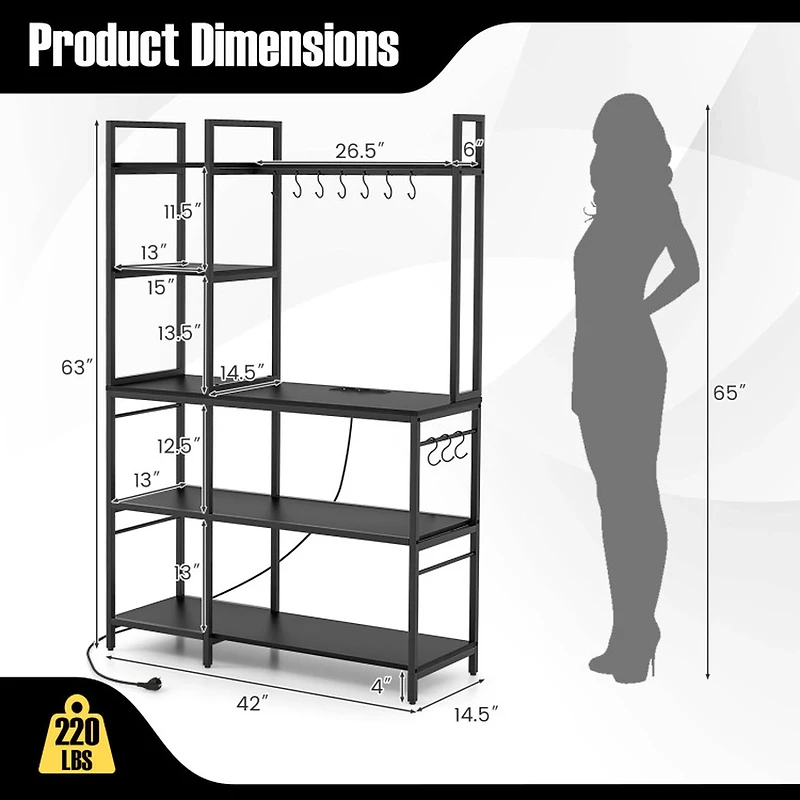 SUGIFT 5-Tier Bakers Rack Shelving Unit with Power Outlets and 10 S-Shaped Hooks 220-lb Capacity Rustic Brown/Black