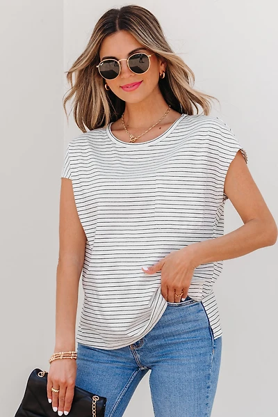 Threaded Pear Women's Tilly Stripe Cap Sleeve Crew Neck top