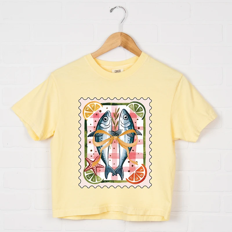 Simply Sage Market - Sardines Stamp Women's Boxy Crop Top Graphic T-Shirt
