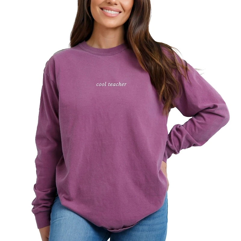 Simply Sage Market - Embroidered Cool Teacher Women's Garment Dyed Long Sleeve Graphic T-Shirt