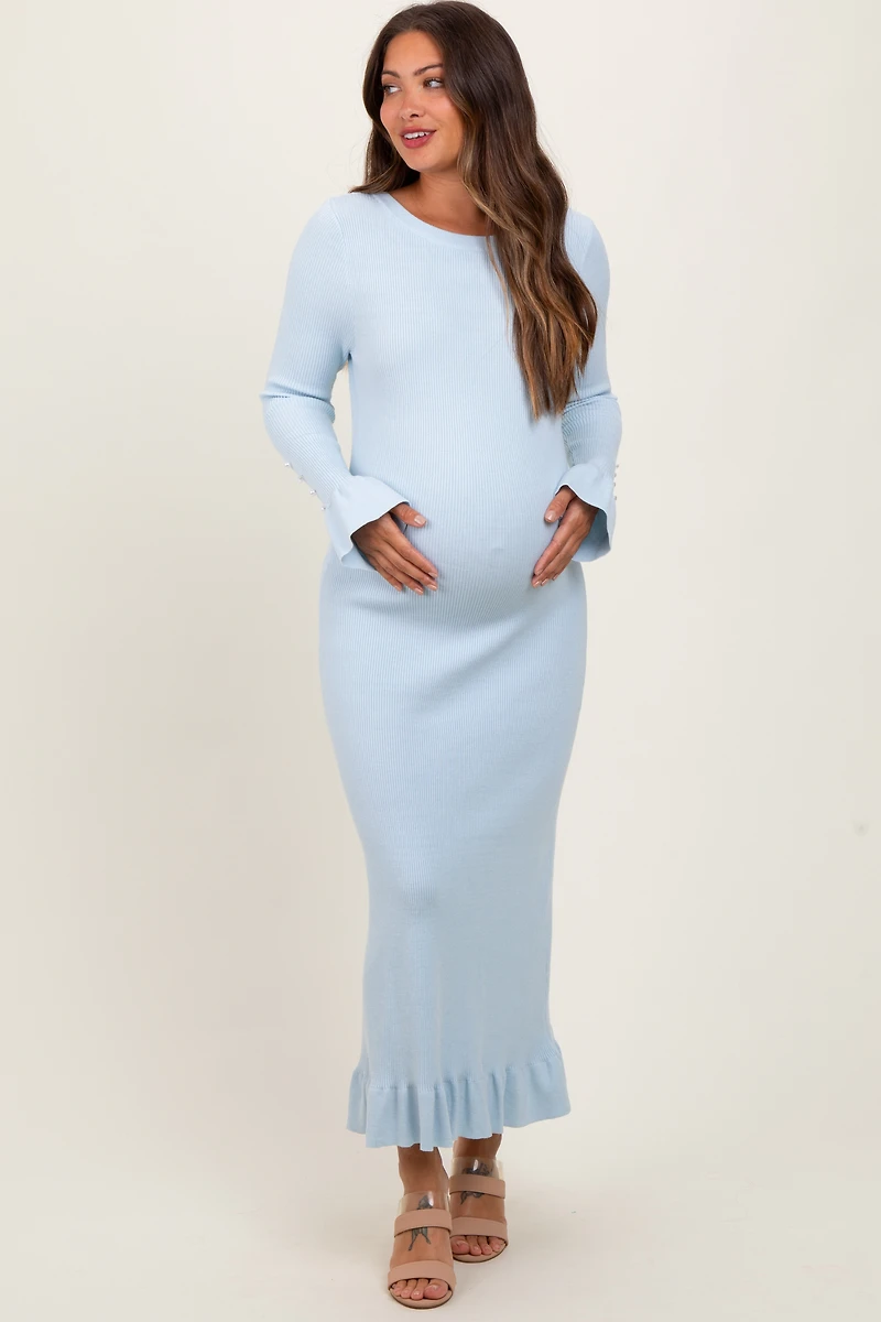 PinkBlush Womens Light Blue Ribbed Knit Bow Back Maternity Maxi Dress
