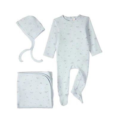 MeMoi 3 Piece Baby Boys "Clouds of Happiness" Cotton Rich Footie Set