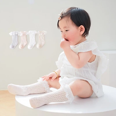 MyKids-USA Baby Girl Lace Socks - Solid Color Mesh Patch, 80% Cotton