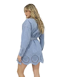 Belle & Bloom Womens Sunday Somewhere Denim Broderie Mini Shirt Dress