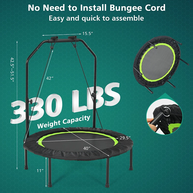 SUGIFT Green 40-in Foldable Adult Fitness Rebounder Trampoline with Adjustable Handrail and Resistance Bands