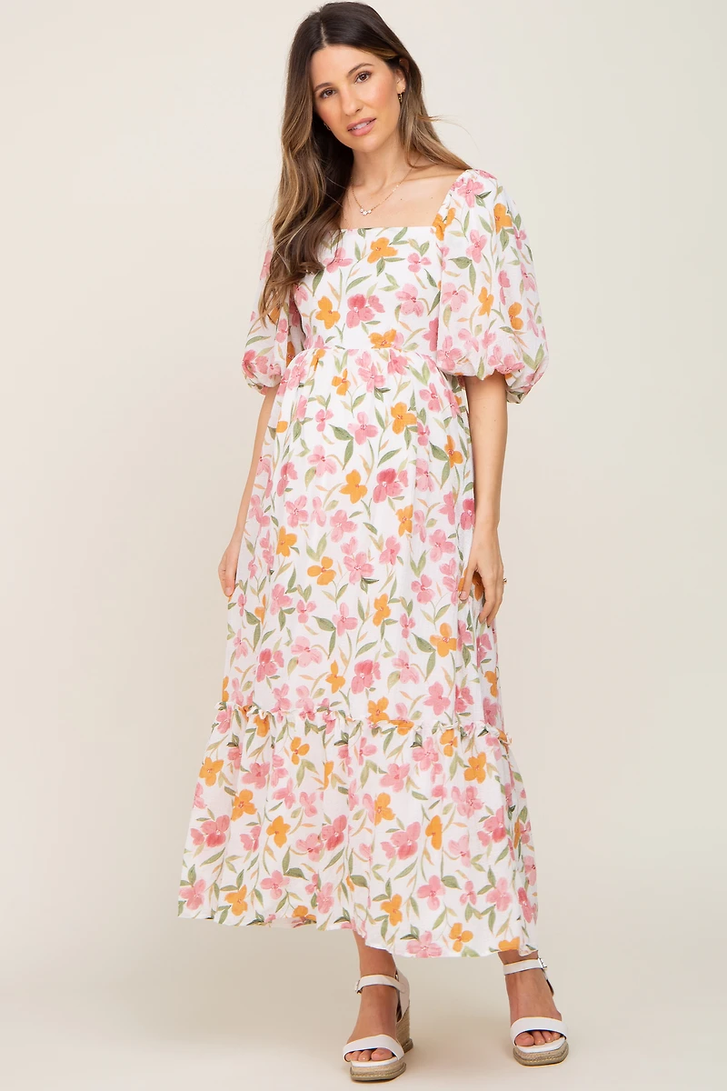 PinkBlush Womens White Floral Puff Sleeve Maternity Maxi Dress